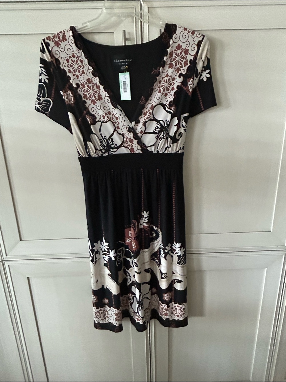 Floral Wrap-Style Black & Cream Midi Dress